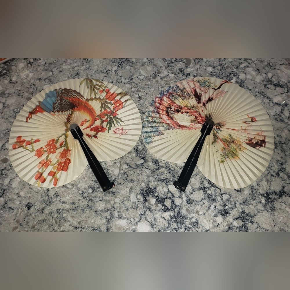 Vintage Chinese Folding Hand Fan With Metal Handle Bundle